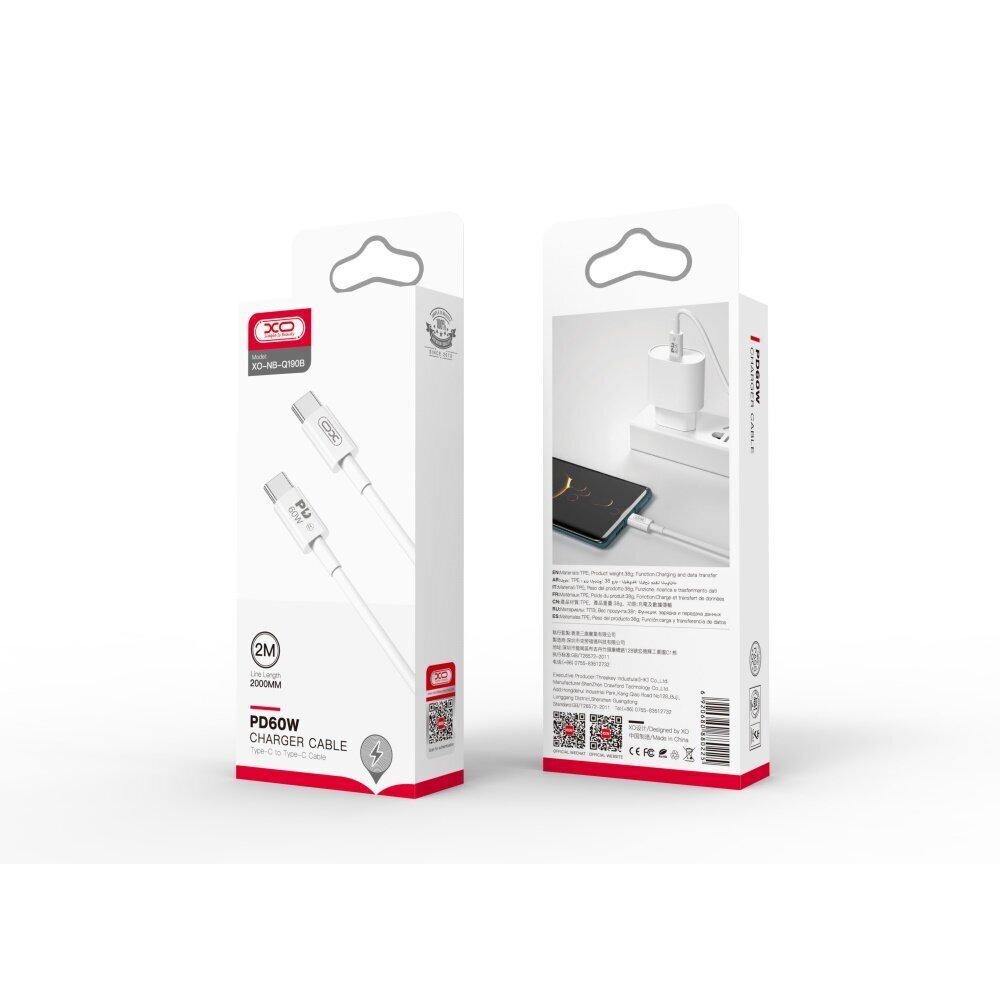 XO cable NB-Q190B USB-C - USB-C 2,0m 60W white hind ja info | Mobiiltelefonide kaablid | hansapost.ee