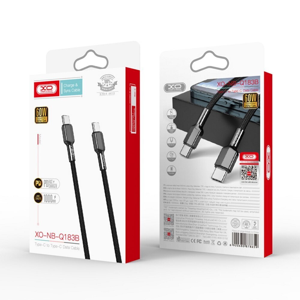 XO cable NB183B USB-C - USB-C 1,0m 60W black hind ja info | Mobiiltelefonide kaablid | hansapost.ee