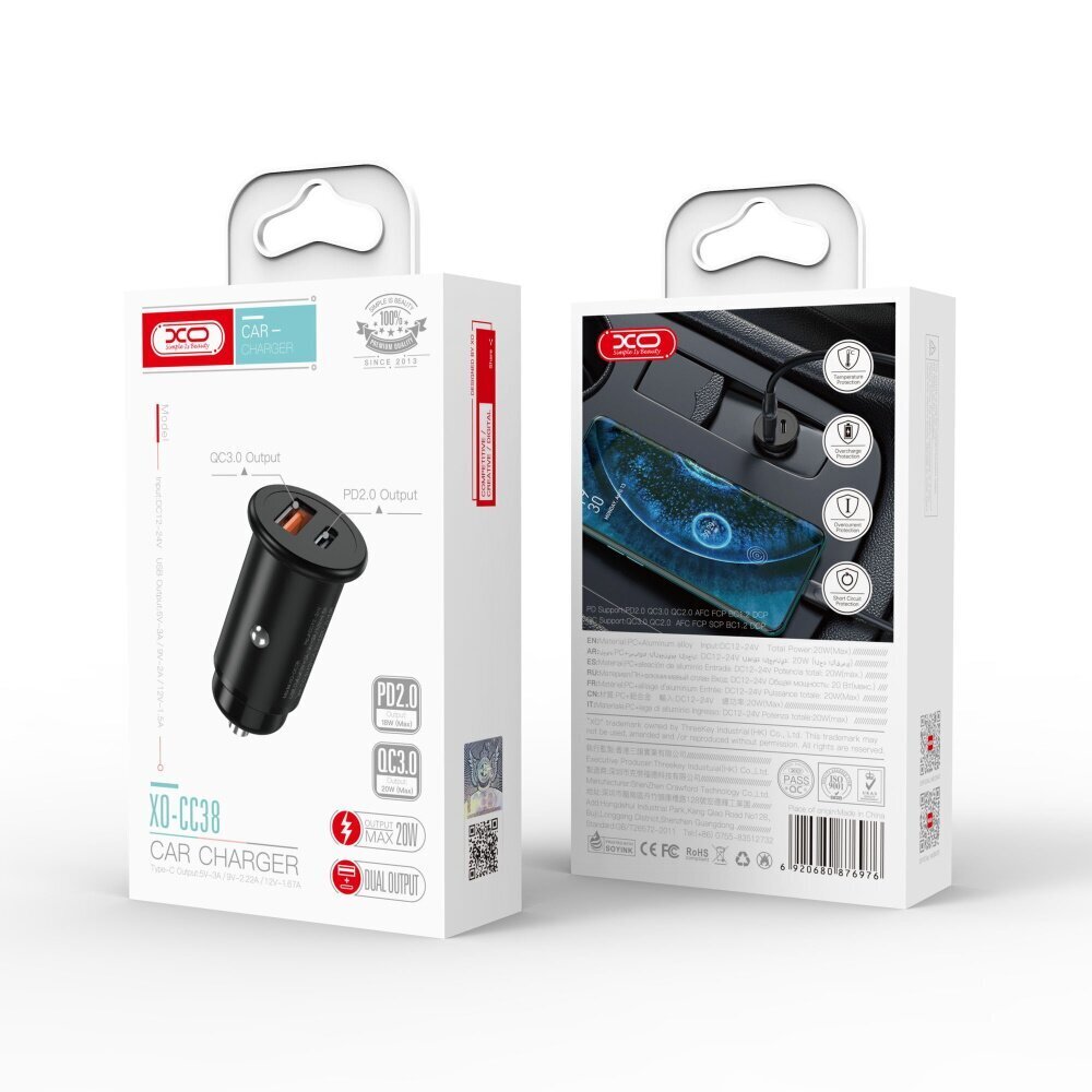 XO car charger CC38 PD QC 3.0 20W 1X USB 1x USB-C black цена и информация | Laadijad mobiiltelefonidele | hansapost.ee