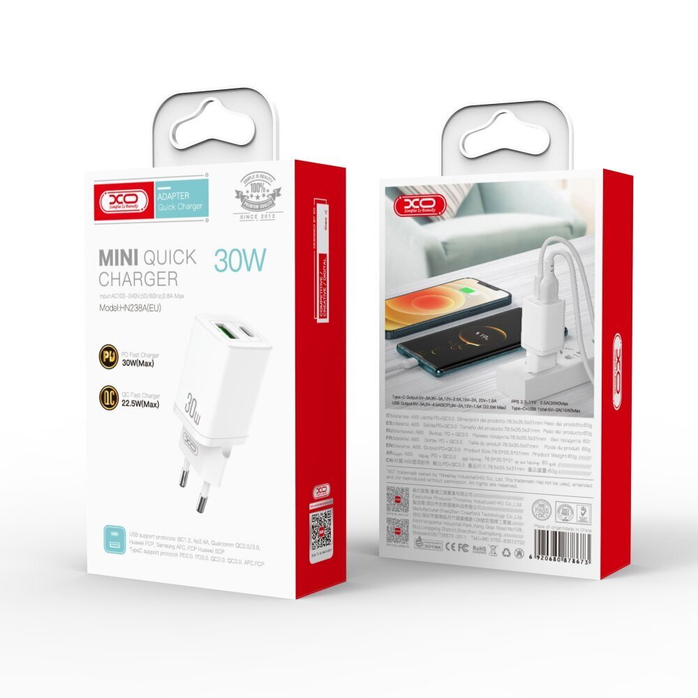 XO wall charger HN238A white 2USB QC3.0 / PD USB-C 30W цена и информация | Laadijad mobiiltelefonidele | hansapost.ee