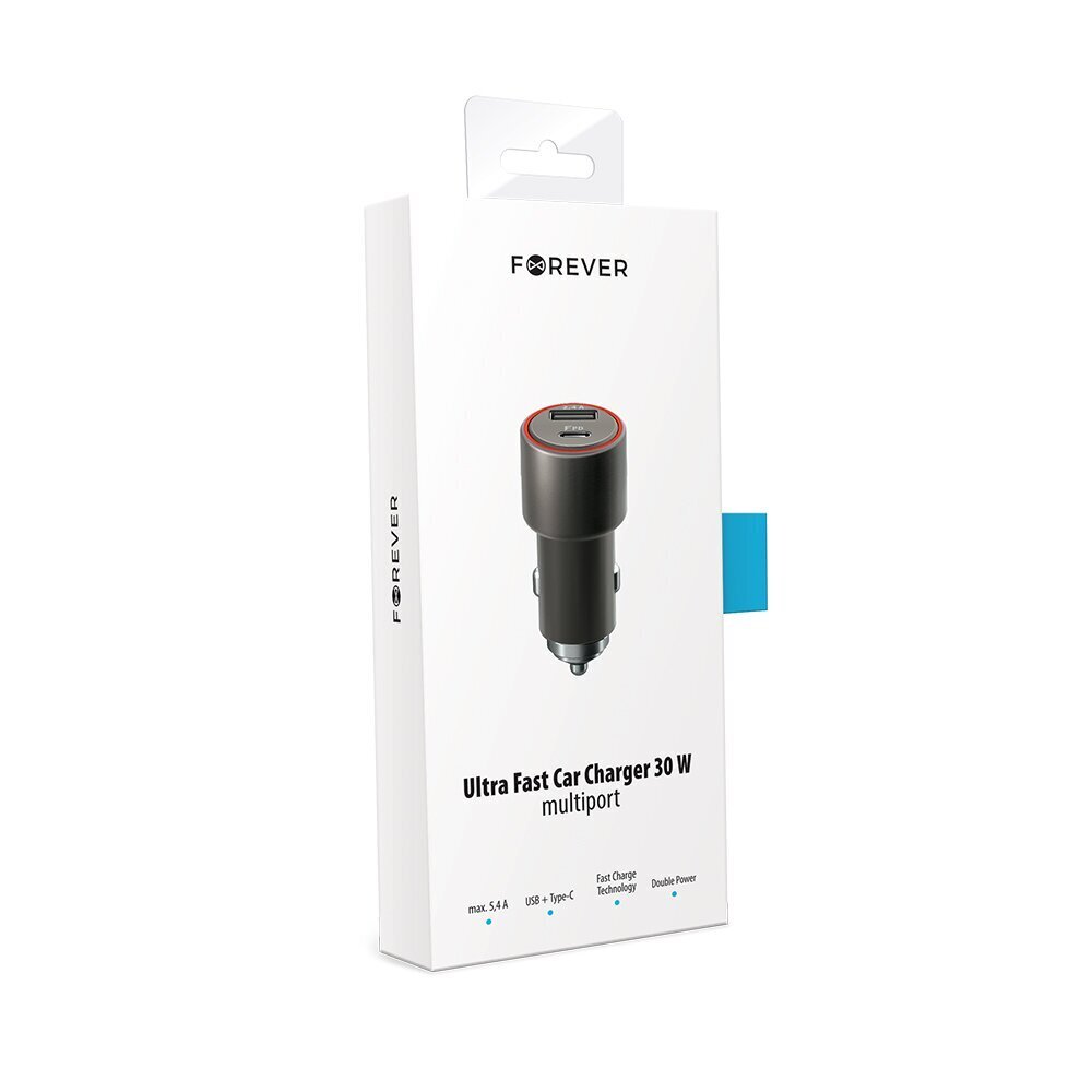 Forever Core PD+ car charger 1x USB 1x USB-C 2,4A 30W gray hind ja info | Laadijad mobiiltelefonidele | hansapost.ee
