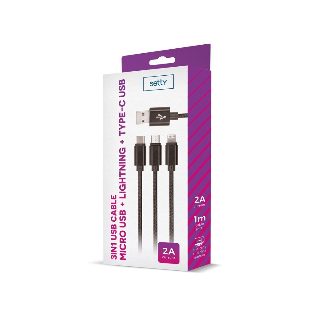 Setty 3in1 cable USB - Lightning + USB-C + microUSB 1,0 m 2A black nylon цена и информация | Mobiiltelefonide kaablid | hansapost.ee