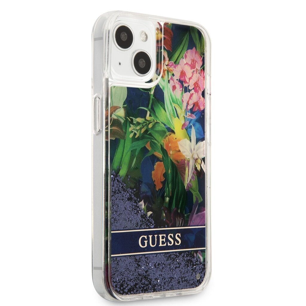 Guess Liquid Glitter Flower Case for iPhone 13 mini Blue hind ja info | Telefonide kaitsekaaned ja -ümbrised | hansapost.ee