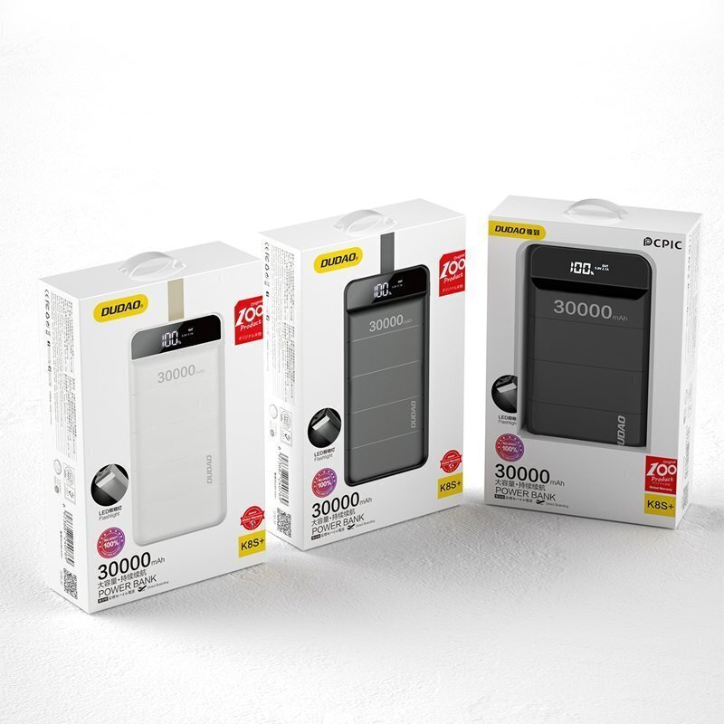 Akupank Dudao 30000 mAh 3x USB, LED lambiga, valge (K8s+ white) цена и информация | Akupangad | hansapost.ee