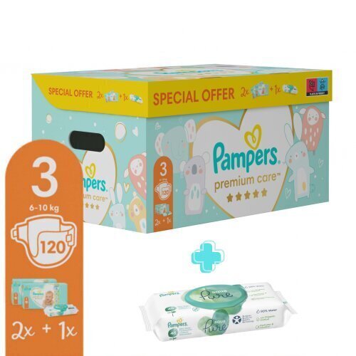 Pampers Premium Care Suurus 3 (Mini), 6–10 Kg, 120 Mähet + TASUTA Aqua Pure 48 Niisket Salvrätikut цена и информация | Mähkmed, riidest mähkmed | hansapost.ee