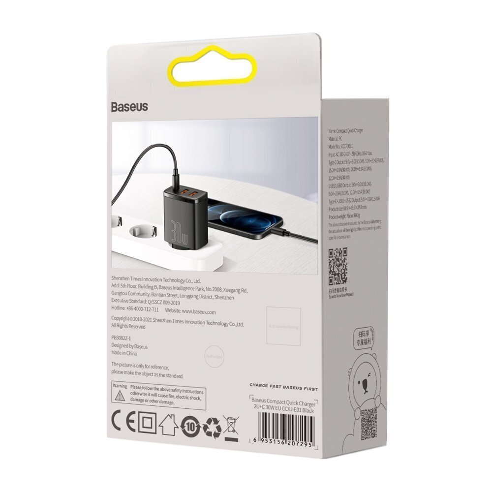 Seina kiirlaadija 30 W 2xUSB + USB-C QC3.0 PD3.0, must цена и информация | Laadijad mobiiltelefonidele | hansapost.ee