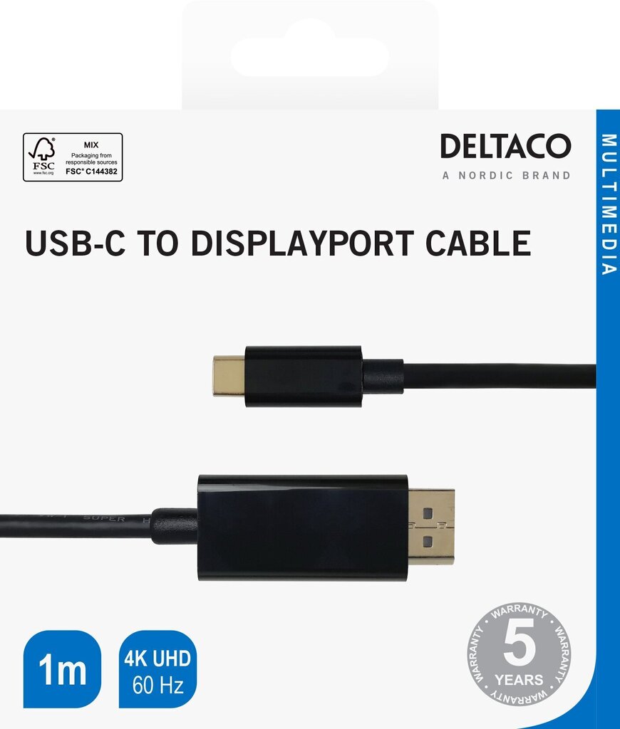 USB-C Deltaco 4K UHD 1m USBC-DP100-K 00140012 цена и информация | Juhtmed ja kaablid | hansapost.ee