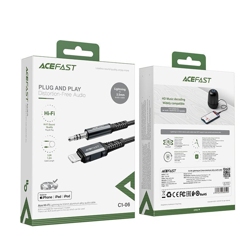 Acefast audio cable MFI Lightning - 3.5mm mini jack (male) 1.2m, AUX gray (C1-06 deep space gray) hind ja info | Mobiiltelefonide kaablid | hansapost.ee