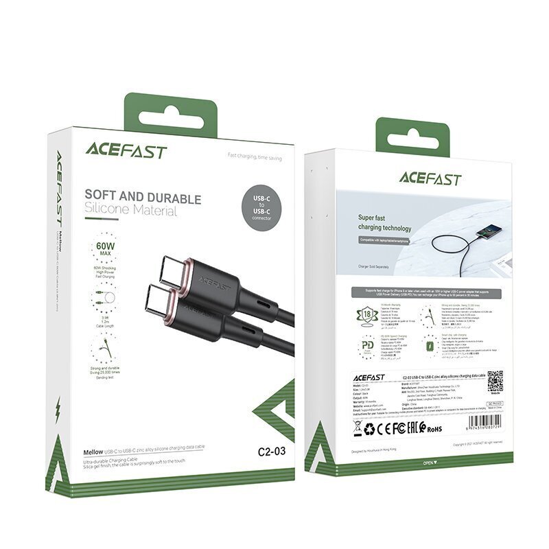 Acefast cable USB Type C - USB Type C 1.2m, 60W (20V / 3A) black (C2-03 black) hind ja info | Mobiiltelefonide kaablid | hansapost.ee