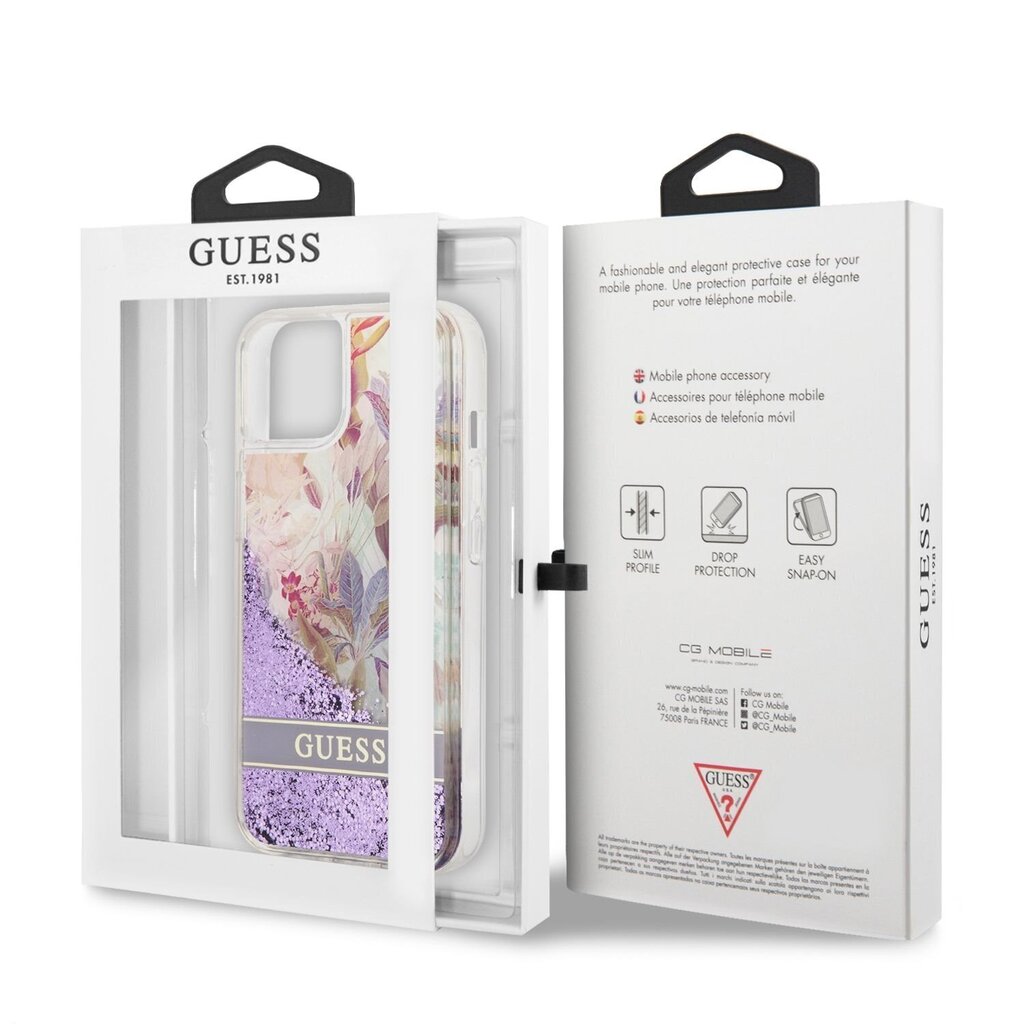 Guess Liquid Glitter Flower Case for iPhone 13 mini Purple цена и информация | Telefonide kaitsekaaned ja -ümbrised | hansapost.ee