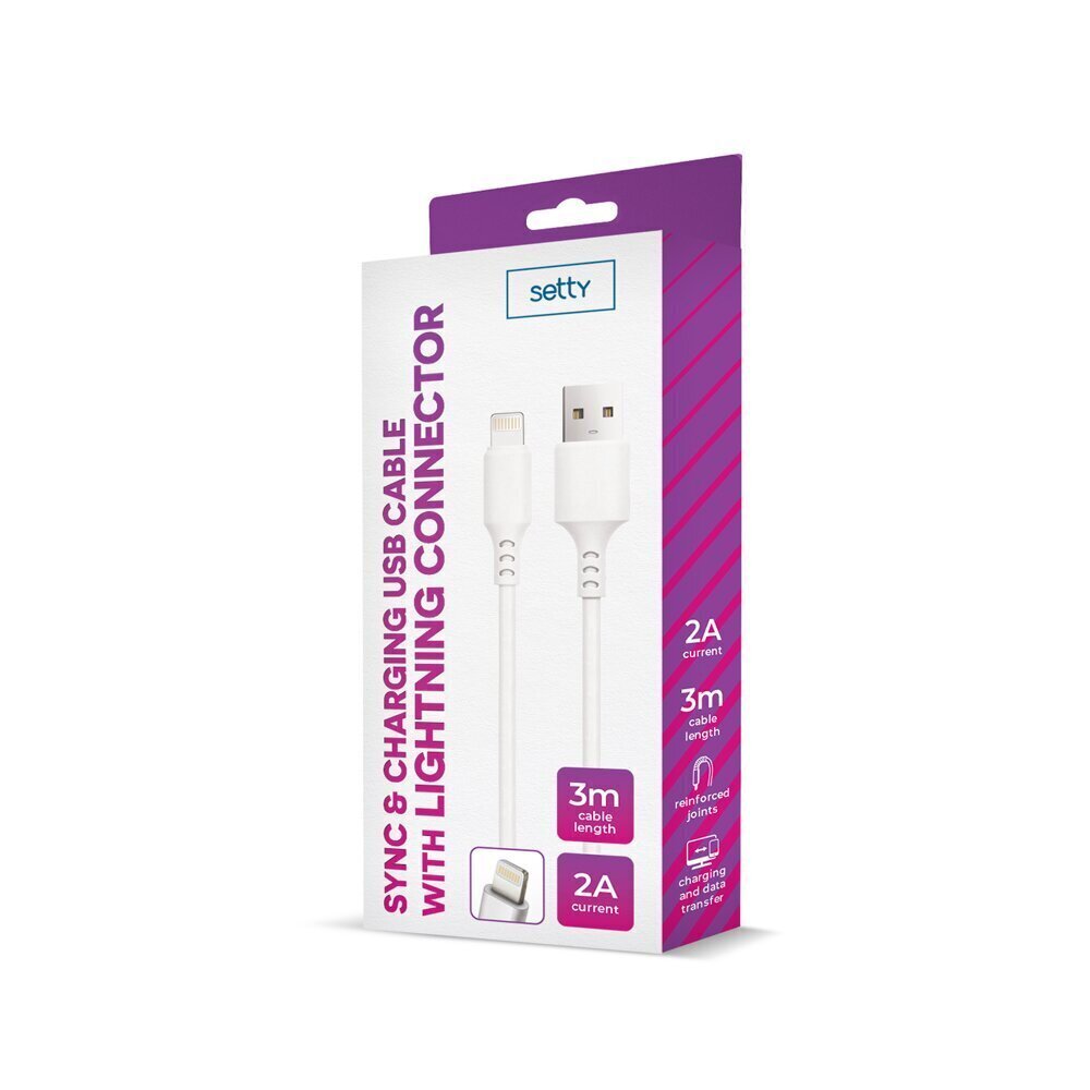 Setty cable USB - Lightning 3,0 m 2A white NEW hind ja info | Mobiiltelefonide kaablid | hansapost.ee