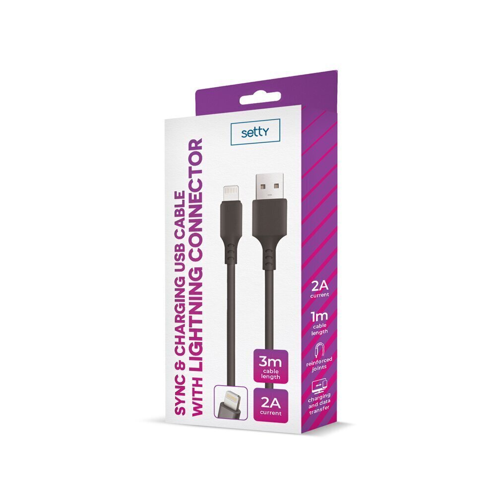 Setty cable USB - Lightning 3,0 m 2A black NEW hind ja info | Mobiiltelefonide kaablid | hansapost.ee