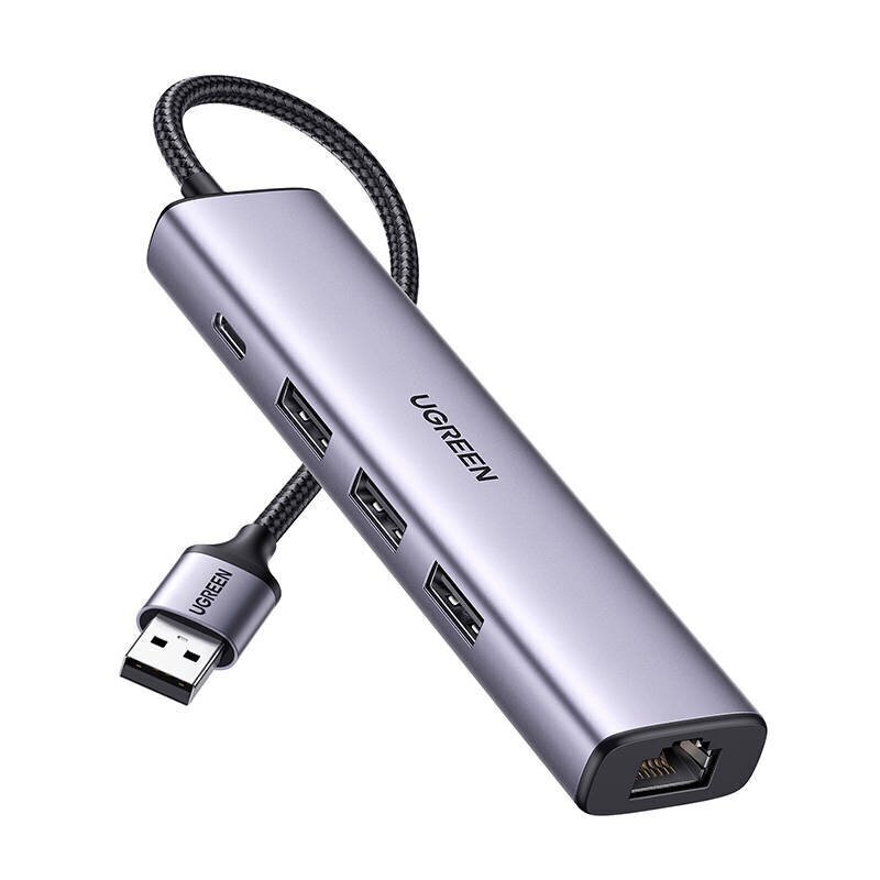 UGREEN 5in1 USB-A to 3x USB 3.0 + RJ45 + USB-C adapter (silver) цена и информация | USB adapterid ja jagajad | hansapost.ee
