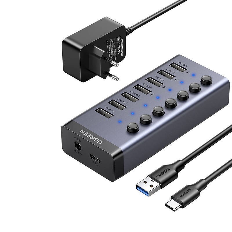 UGREEN Hub 7in1 USB-C, 7x USB-A 3.0 12V 2A (black) цена и информация | USB adapterid ja jagajad | hansapost.ee