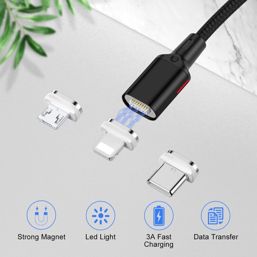 Forever Core 3in1 magnetic cable USB - Lightning + USB-C + microUSB 1,0 m black 20W цена и информация | Mobiiltelefonide kaablid | hansapost.ee