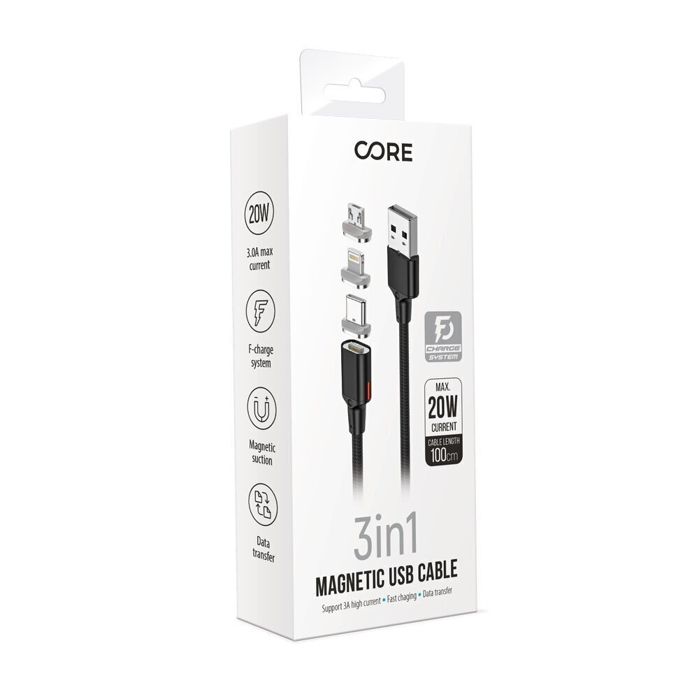 Forever Core 3in1 magnetic cable USB - Lightning + USB-C + microUSB 1,0 m black 20W hind ja info | Mobiiltelefonide kaablid | hansapost.ee