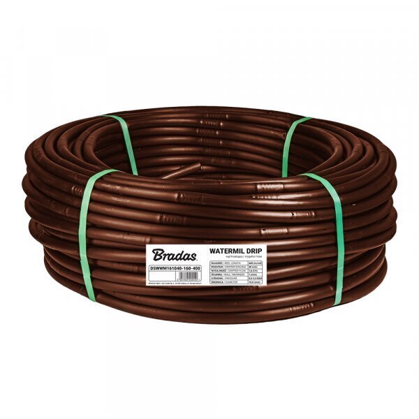 Tilk-kastmisvoolik Bradas WATERMIL DRIP BROWN, 100 m (16 / 1,0 mm / 50 cm / 1,6 l / h) hind ja info | Niisutussüsteemid, kastmisvoolikud ja kastekannud | hansapost.ee