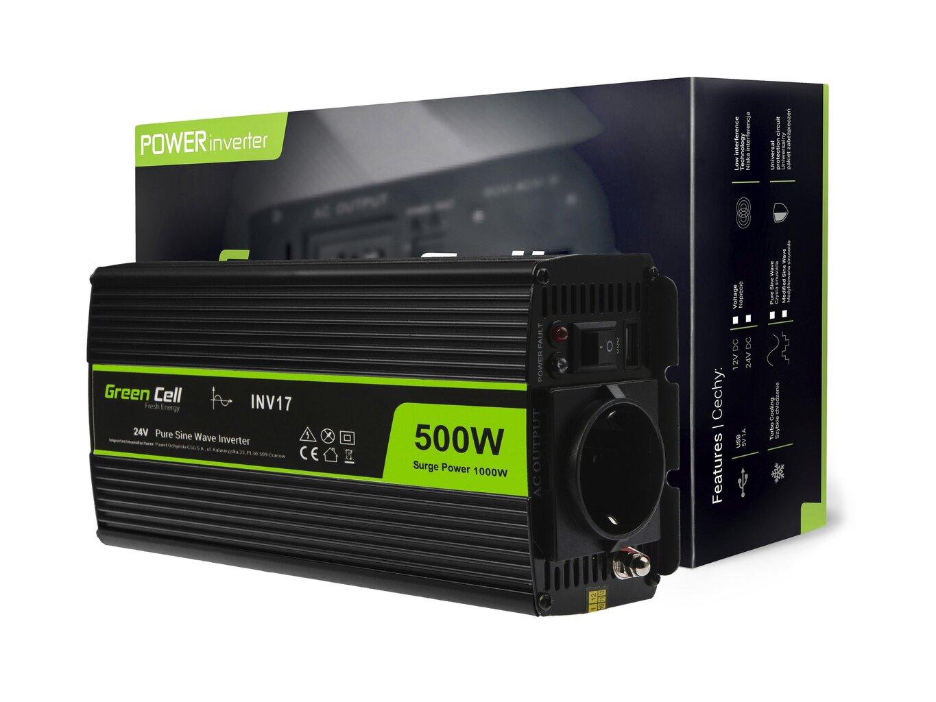 Green Cell inverter, pingemuundur 24 V kuni 230 V 500W/1000W puhas siinuslaine цена и информация | Inverterid ja muundurid | hansapost.ee