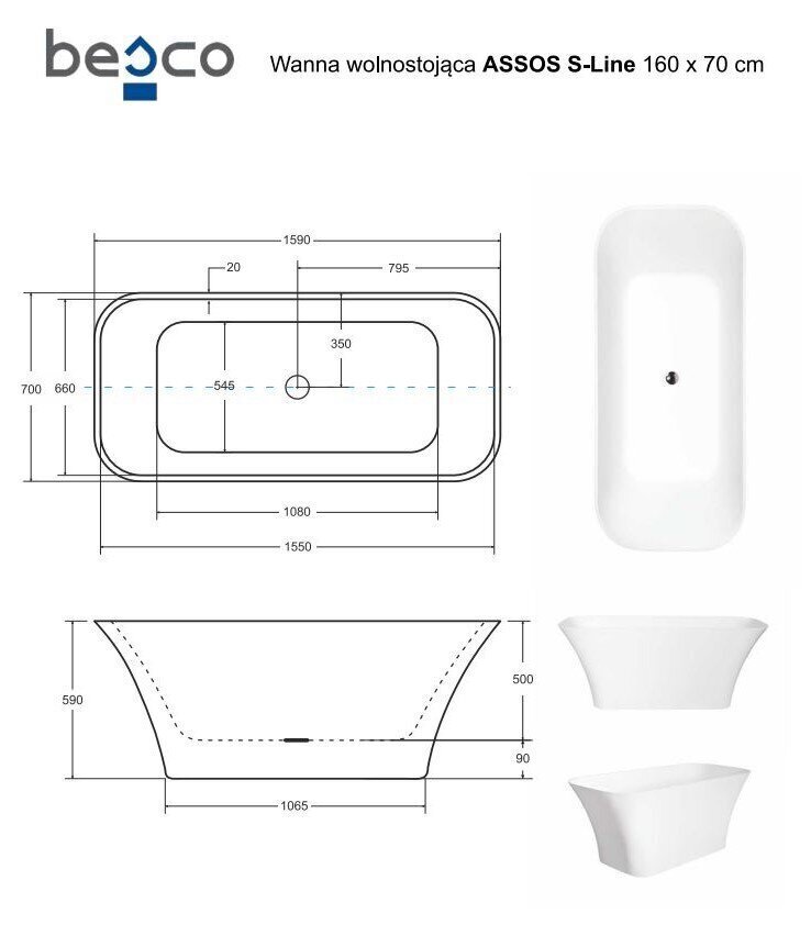 Vann Besco Assos S-Line Black&White 160, Klik-klak Chrome hind ja info | Vannid | hansapost.ee