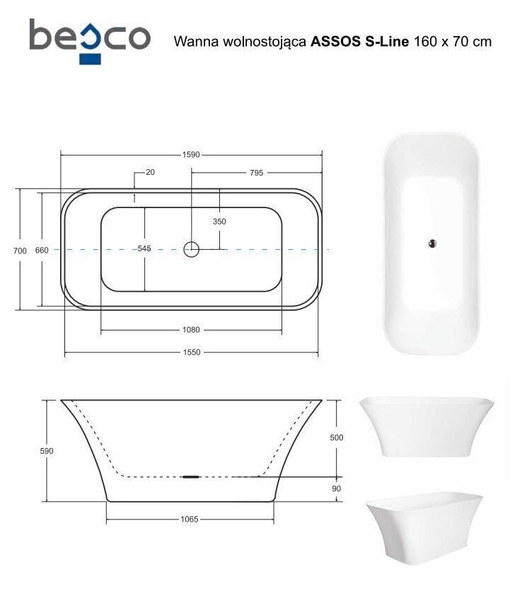 Vann Besco Assos S-Line 160, Klik-klak Chrome hind ja info | Vannid | hansapost.ee