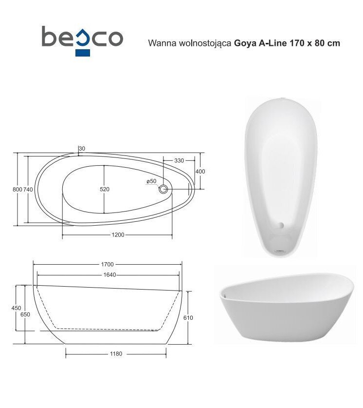 Vann Besco Goya A-Line 170, koos valge sifooni kattega hind ja info | Vannid | hansapost.ee