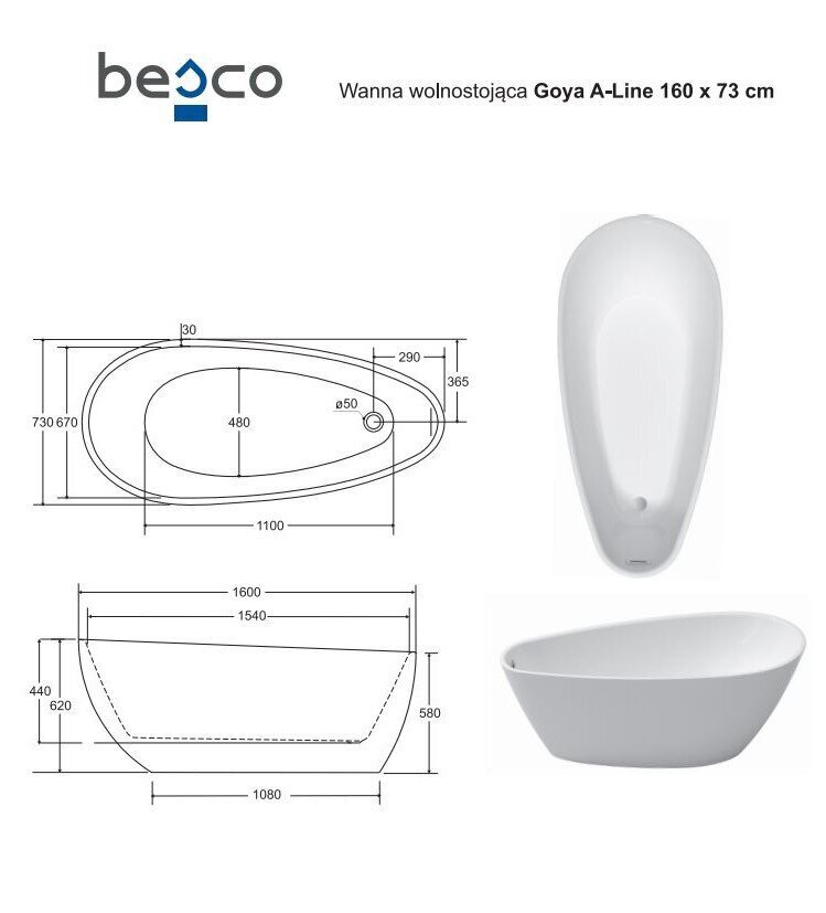 Vann Besco Goya A-Line 160, koos valge sifooni kattega hind ja info | Vannid | hansapost.ee