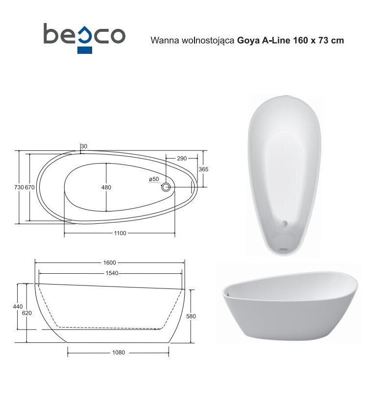 Vann Besco Goya A-Line 160, koos kroomitud sifooni kattega hind ja info | Vannid | hansapost.ee
