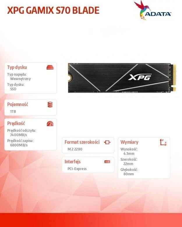 Adata XPG Gammix S70 Blade, 1TB hind ja info | Sisemised kõvakettad | hansapost.ee