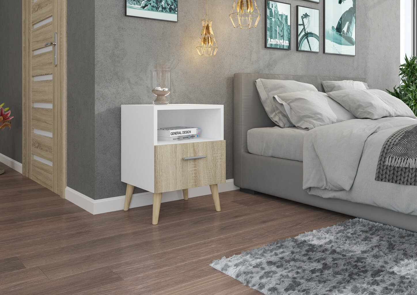 Öökapp ADRK Furniture Logan 11, valge/tamme värv цена и информация | Öökapid | hansapost.ee