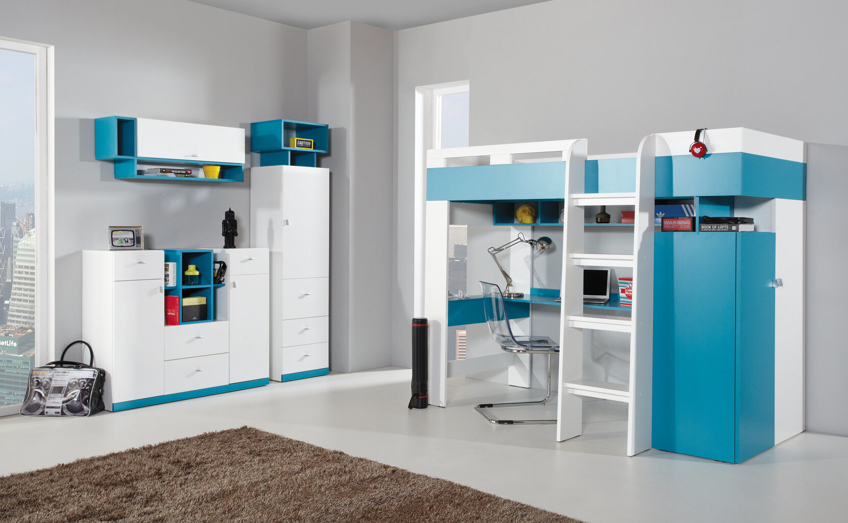 Kahekorruseline voodi Mobi 19, 200x90 cm, valge/sinine цена и информация | Lastevoodid | hansapost.ee