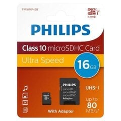 Philips MicroSDHC 16GB CLASS 10/UHS 1 + Adapter цена и информация | Карты памяти | hansapost.ee