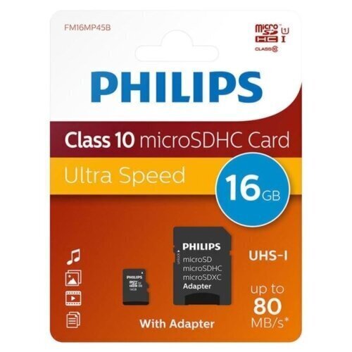 Philips MicroSDHC 16GB CLASS 10/UHS 1 + Adapter цена и информация | Mälukaardid mobiiltelefonidele | hansapost.ee