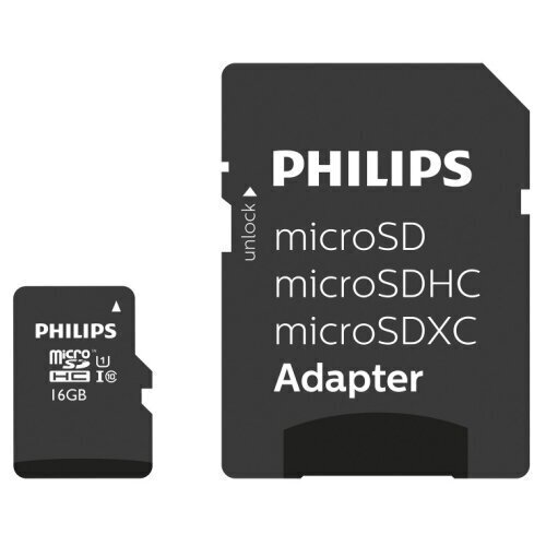 Philips MicroSDHC 16GB CLASS 10/UHS 1 + Adapter цена и информация | Mälukaardid mobiiltelefonidele | hansapost.ee