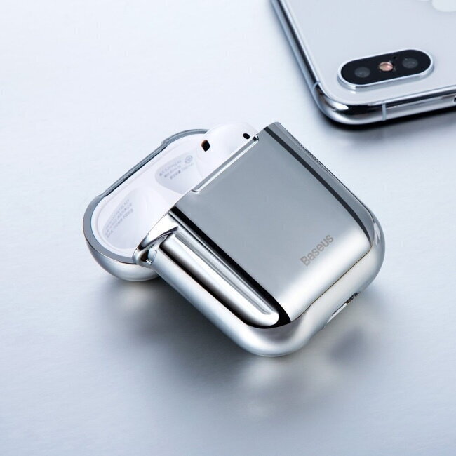 Ümbris Baseus Metallic Shining Ultra-thin Silicone Protector Case with Hook for Airpods, Silver hind ja info | Kõrvaklapid | hansapost.ee