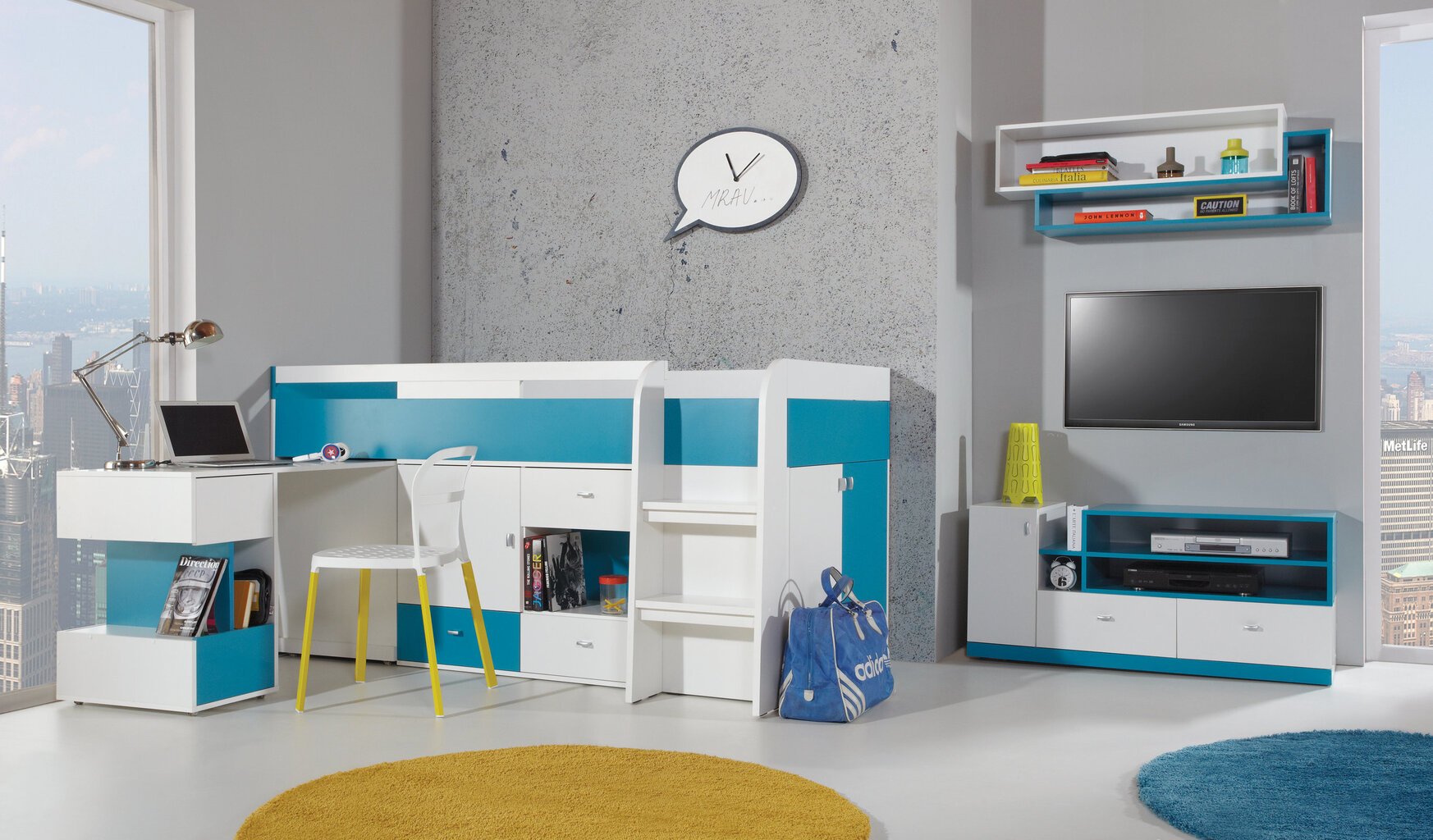 Seinale kinnitatav riiul Mobi 14, valge/sinine hind ja info | Riiulid lastele | hansapost.ee