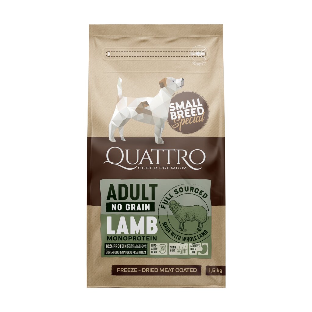 Quattro Small Breed Adult teraviljavaba monoproteiiniga kuivtoit väikest tõugu koertele lambalihaga, 7kg hind ja info | Koerte kuivtoit ja krõbinad | hansapost.ee