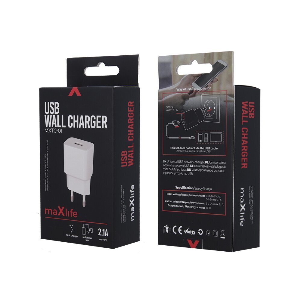 Maxlife MXTC-01 charger 1x USB 2.1A white hind ja info | Laadijad mobiiltelefonidele | hansapost.ee