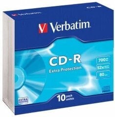 "verbatim cd-r", 43415, 10 шт, 700 мб, 52x, 80 мин., 12 см, без печати, тонкий бокс, промо, для архивации данных цена и информация | Виниловые пластинки, CD, DVD | hansapost.ee