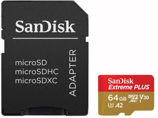 Карта памяти Sandisk микро SDXC 64GB Extreme Plus + адаптер цена и информация | Sandisk Мобильные телефоны, Фото и Видео | hansapost.ee