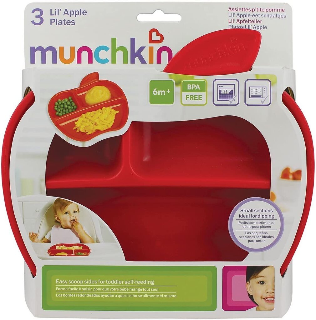 Kolme sektsiooniga taldrikud Munchkin Lil Apple 3 tk. hind ja info | Laste taldrikud, kausid ja söögiriistad | hansapost.ee