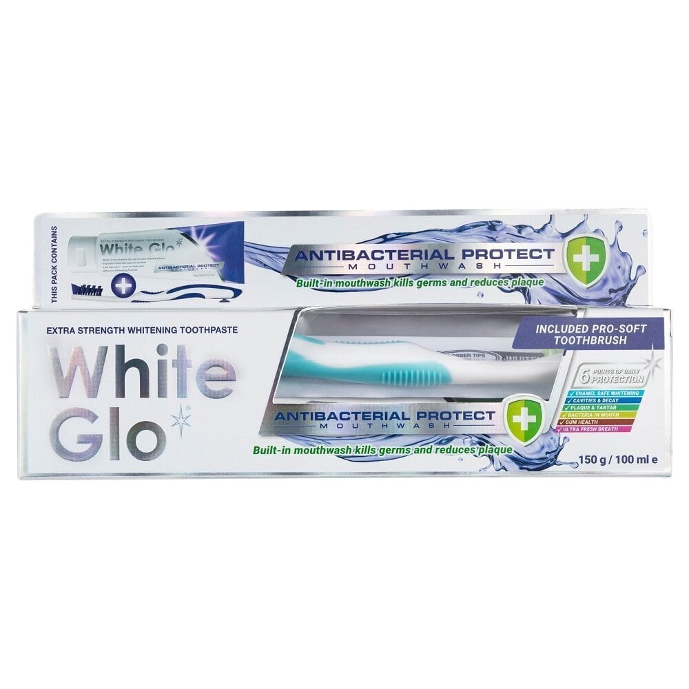 Eriti tugevalt valgendav hambapasta koos suuveega white glo antibacterial protect mouthwash extra strength whitening toothpaste, 150 g + hambahari hind ja info | Hambaharjad, hampapastad ja suuloputusvedelikud | hansapost.ee