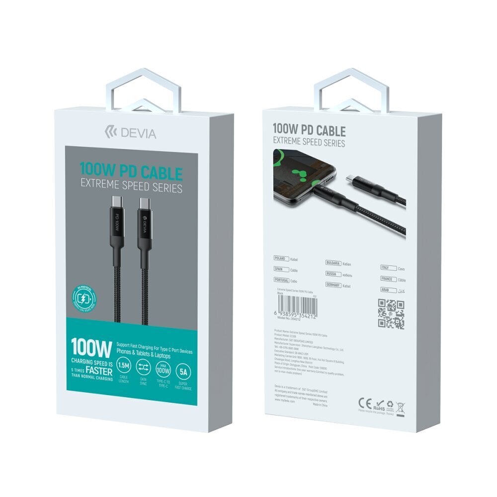 Devia cable Extreme PD USB-C - USB-C 1,5 m 100W black hind ja info | Mobiiltelefonide kaablid | hansapost.ee