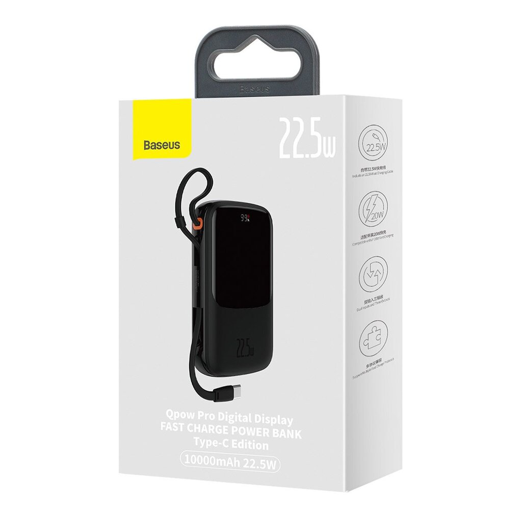 Baseus Qpow power bank 10000mAh built-in USB Type-C cable 22.5W Quick Charge SCP AFC FCP black (PPQD020101) цена и информация | Akupangad | hansapost.ee