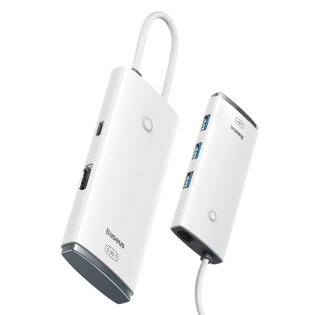 Baseus Lite Series adapter HUB USB Type C - HDMI / 4x USB 3.0 20cm white (WKQX040002) цена и информация | USB adapterid ja jagajad | hansapost.ee