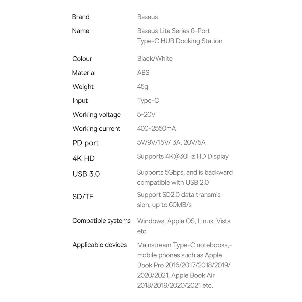 Baseus Lite Series multifunctional HUB USB Type C - 2 x USB 3.0 / USB Type C PD / HDMI 1,4 / SD / TF white (WKQX050102) hind ja info | USB adapterid ja jagajad | hansapost.ee