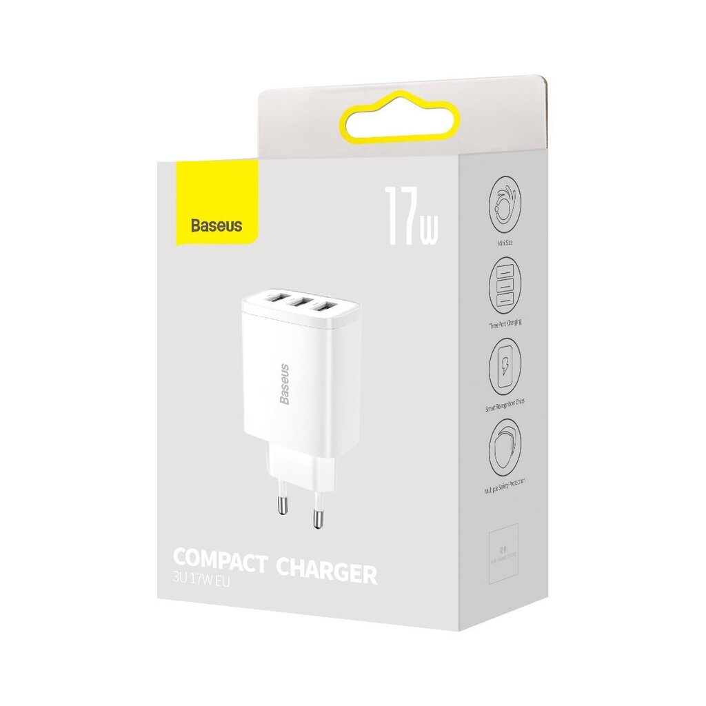 Laadija adapter Baseus Compact 3U 17W EU valge hind ja info | Laadijad mobiiltelefonidele | hansapost.ee