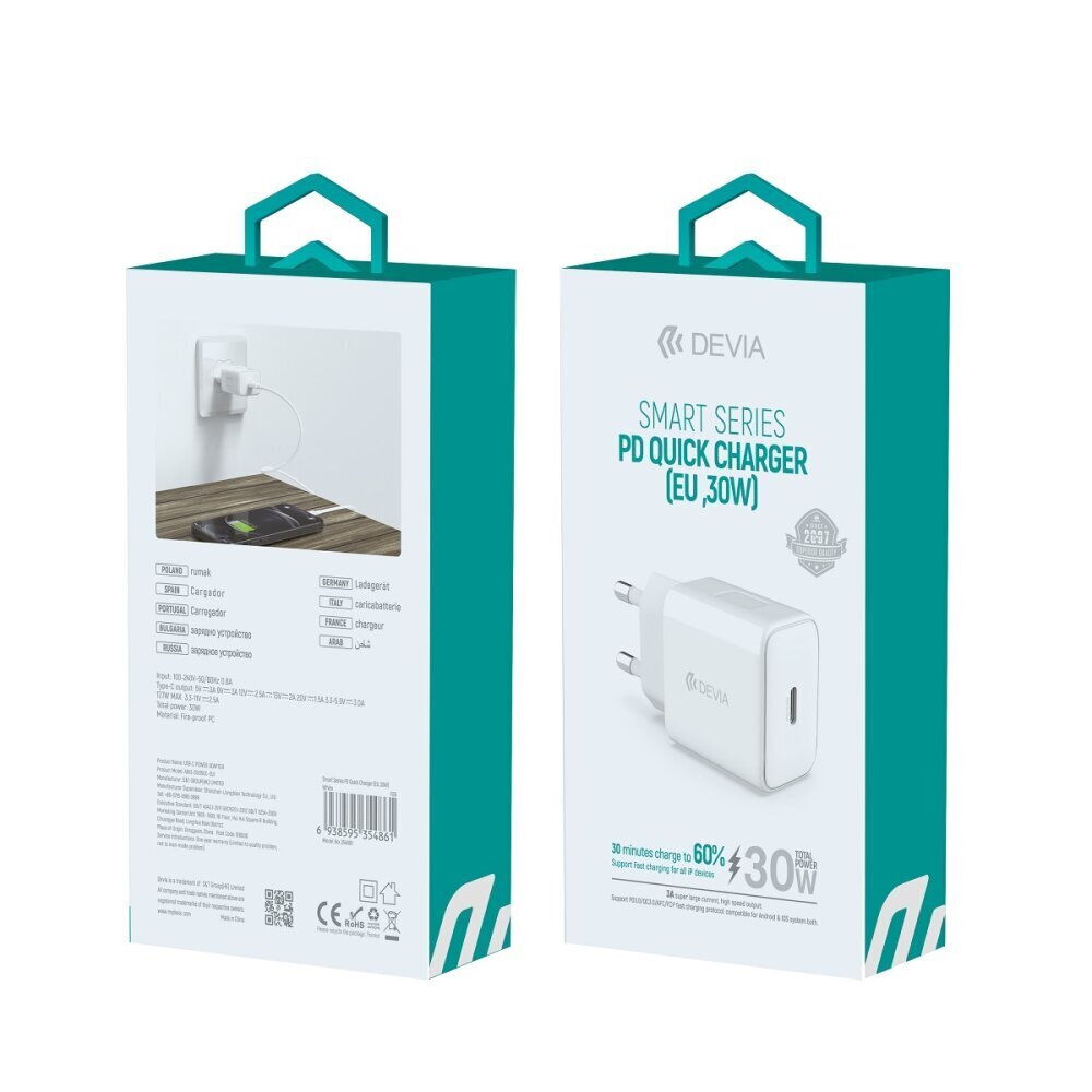 Devia wall charger Smart PD 30W 1x USB-C white цена и информация | Laadijad mobiiltelefonidele | hansapost.ee