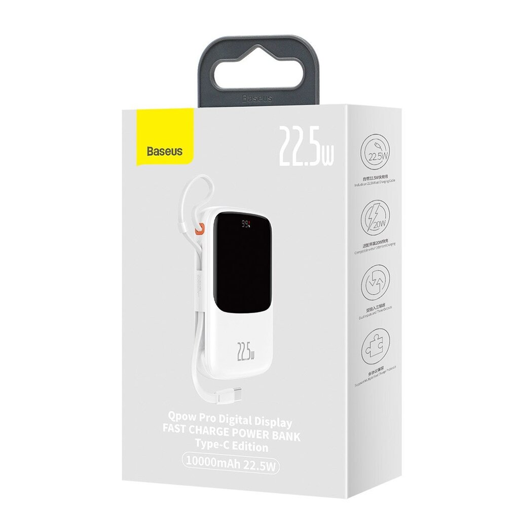 Baseus Qpow power bank 10000mAh built-in USB Type-C cable 22.5W Quick Charge SCP AFC FCP white (PPQD020102) hind ja info | Akupangad | hansapost.ee
