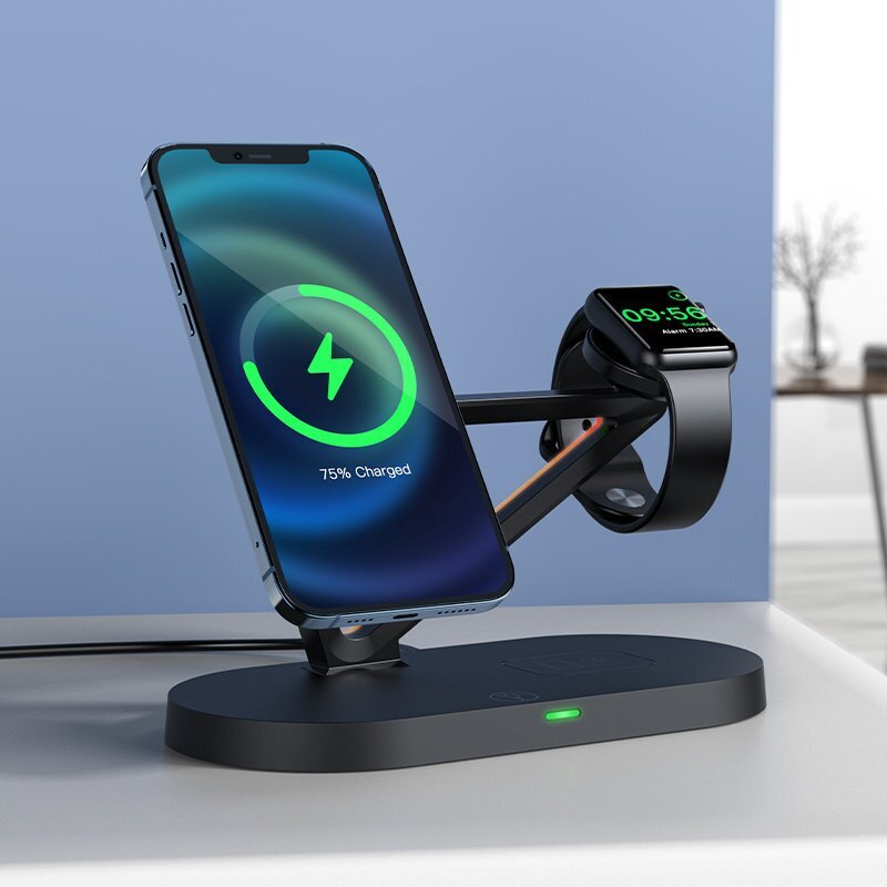 Acefast 15W Qi Wireless Charger for iPhone (with MagSafe), Apple Watch and Apple AirPods Stand Holder Magnetic Holder Black (E9 black) цена и информация | Laadijad mobiiltelefonidele | hansapost.ee