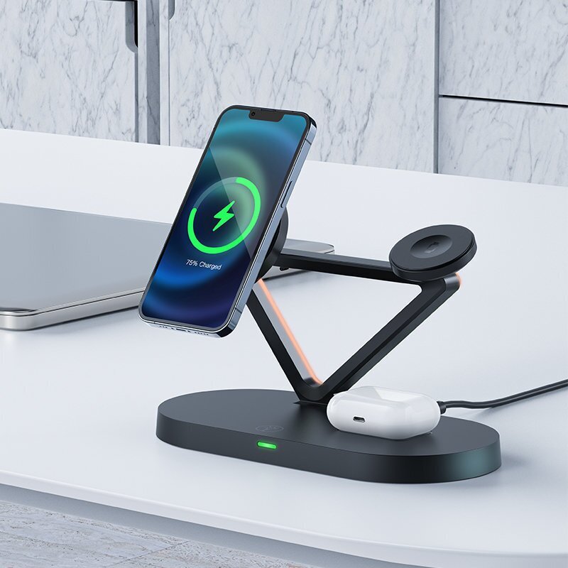 Acefast 15W Qi Wireless Charger for iPhone (with MagSafe), Apple Watch and Apple AirPods Stand Holder Magnetic Holder Black (E9 black) hind ja info | Laadijad mobiiltelefonidele | hansapost.ee